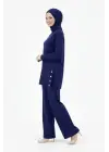 Osy Modal Yumuşak Dokulu Kumaş Modern Tesettür Takım Yandan Metal Çıtçıtlı Uzun Tunik Pantolon Set Salaş Kalıp - Lacivert