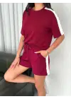 Osy Modal Yumuşak Dokulu Kumaş Parçalı Bisiklet Yaka T-shirt Kısa Şort İkili Takım -  Bordo
