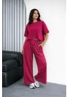 Osy Modal Yumuşak Dokulu Şalaş Oversize İkili Takım Bol Paça Pantolonlu Rahat Günlük Takım - Fuşya