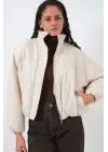 Ekru Oversize Bomber Şişme Mont Kadın Giyim