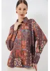 Oversize Desenli Saten Gömlek 20365 - Kiremit