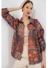 Oversize Desenli Saten Gömlek 20365 - Kiremit
