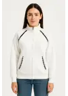 Oversize Dik Yaka Fermuarlı Sweatshirt - Zincir Nakışli Kanguru Cepli, - Beyaz