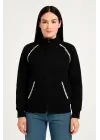 Oversize Dik Yaka Fermuarlı Sweatshirt - Zincir Nakışli Kanguru Cepli, - Siyah