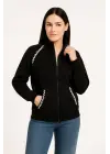Oversize Dik Yaka Fermuarlı Sweatshirt - Zincir Nakışli Kanguru Cepli, - Siyah