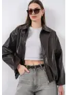 Oversize Suni Deri Ceket 1049 - Kahverengi