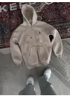 Oversize Tam Fermuarlı Uzun Kol Hırka - Bej