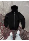 Omarı Siyah Oversize Tam Fermuarlı Hırka - Uzun Kol