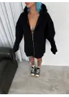 Oversize Tam Fermuarlı Uzun Kol Hırka - Siyah