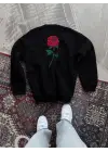 Omarı Oversize Bisiklet Yaka Baskılı Siyah SweatShirt