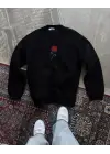 Oversize Üç İplik Bisiklet Yaka Baskılı SweatShirt - Siyah