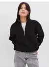Siyah Oversize Yarım Farmuarlı Sweatshirt