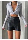 Parçalı cepli deri şort siyah w26312