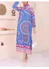 Omarı Mavi Parçalı Desenli Elbise Hızlı Bağcıklı Moda Trendi