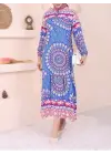 Omarı Mavi Parçalı Desenli Elbise Hızlı Bağcıklı Moda Trendi