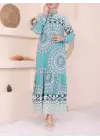 Parçalı Deseli Bağcıklı Kolu Lastikli Elbise  -Mint