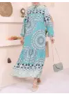 Parçalı Deseli Bağcıklı Kolu Lastikli Elbise  -Mint