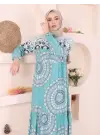 Parçalı Deseli Bağcıklı Kolu Lastikli Elbise  -Mint