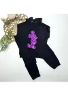 Omarı Kapşonlu Payetli Mickey Desenli Çocuk Takımı Siyah