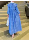 Omarı Mavi Dantel Detaylı Pelerin Yaka Elbise
