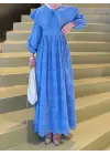 Omarı Mavi Dantel Detaylı Pelerin Yaka Elbise
