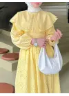 Pelerin Yaka Dantel Detaylı Elbise  -Sarı