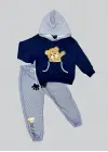 Omarı Pelüş Ayı Desenli Kapşonlu Çocuk Sweat Takımı Lacivert