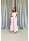 Pembe Beli Büzgülü İnci Askılı Uzun Elbise