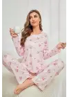 Pembe Çiçek Desenli Bisiklet Yaka Pijama Takımı 7131