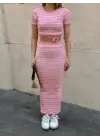 Omarı Pembe Çizgili Etekli Takım