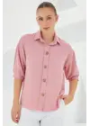 Pembe Kısa Kol Oversize Keten Gömlek 20240