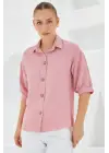 Pembe Kısa Kol Oversize Keten Gömlek 20240
