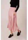 Omarı Elegan Saten Pembe Çan Etek