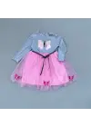 Omarı Kelebek Desenli Astarlı Kız Çocuk Tütü Elbise - Pembe