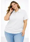 Pike Kumaş Düğmeli Yaka Battal Büyük Beden Günlük Kısa Kol Tişört T-shirt - Beyaz