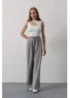 Pileli Bağcıklı Oversize Pantolon - Gri