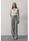 Pileli Bağcıklı Oversize Pantolon - Gri