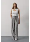 Pileli Bağcıklı Oversize Pantolon - Gri