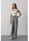 Pileli Bağcıklı Oversize Pantolon - Gri