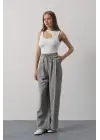 Pileli Bağcıklı Oversize Pantolon - Gri