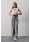 Pileli Bağcıklı Oversize Pantolon - Gri