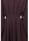 Pileli Beli Kemerli Toka Detaylı Modal Elbise  -Bordo