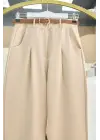 Pileli Cepli Kemerli Bilek Pantolon -Bej