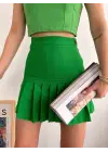 Omarı Pileli Düğmeli Etek - Yeşil Renk Seçeneği