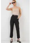 Pileli Kemerli Kumaş Pantolon 6725 - Siyah