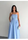 Omarı Açık Mavi Pileli Straplez Elbise