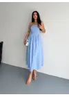 Omarı Açık Mavi Pileli Straplez Elbise