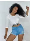 Ekru Yazılı Kol Lastikli Crop Kadın Giyim