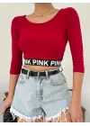Pink Yazılı Fakir Kol Lastikli Crop -Kırmızı