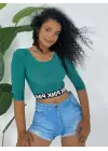 Omarı Yazılı Fakir Kol Lastikli Crop -Yeşil